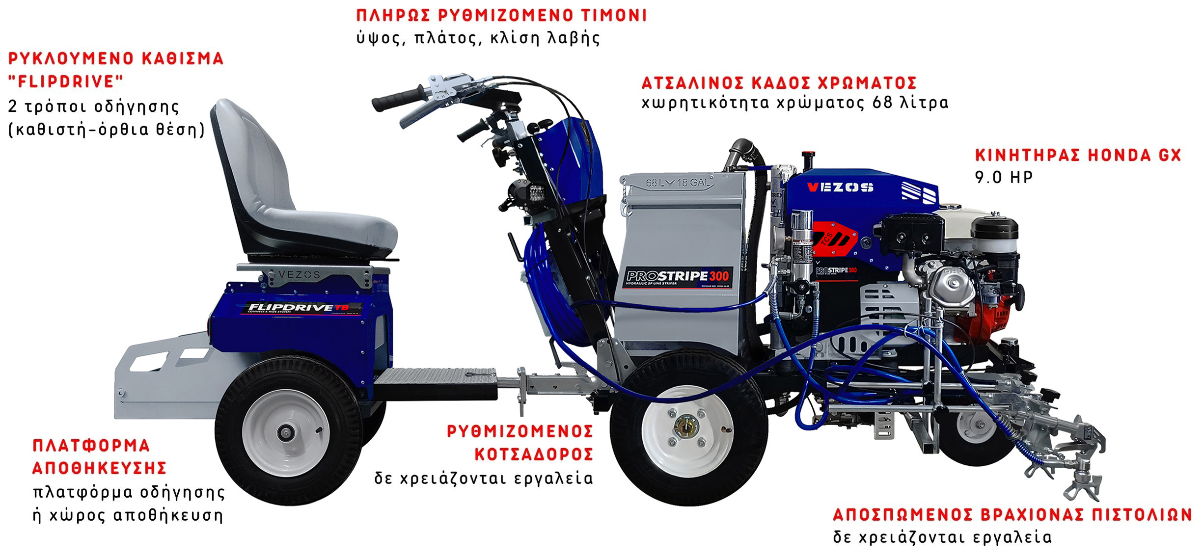 αυτοκινουμενο διαγραμμιστικο μηχανημα vezos prostripe 300 - καδος χρωματος - καθισμα διαγραμμισης